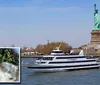 A City Cruises boat sails near the Statue of Liberty under a clear blue sky