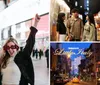 A man and a woman are posing comically in a brightly lit urban setting at night wearing novelty glasses that say 2021