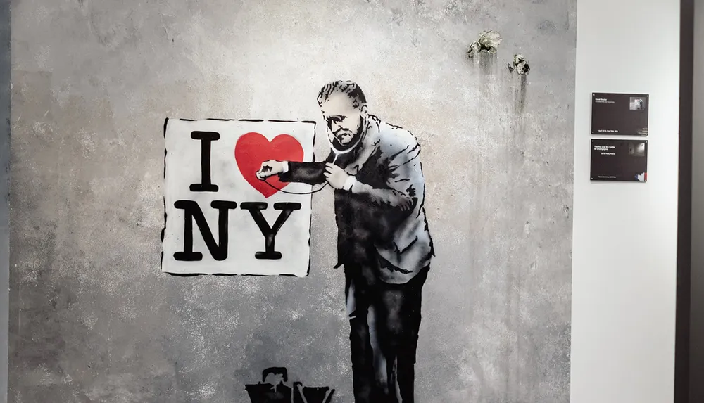 The image shows a stencil artwork of a man painting a heart symbol on the I Love NY sign displayed on a gallery wall