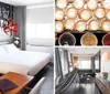The image shows a modern hotel room with a vibrant floral wall mural sleek furniture and a comfortable ambiance