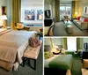 The image shows a modern and well-furnished hotel room with a large bed sitting area and a desk across the room