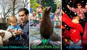 The image is a collage featuring three separate scenes: a child and an adult interacting with a goat at Tisch Children's Zoo, a sea lion performing at the Central Park Zoo, and two individuals enjoying a simulated snow experience at a 4-D Theater.