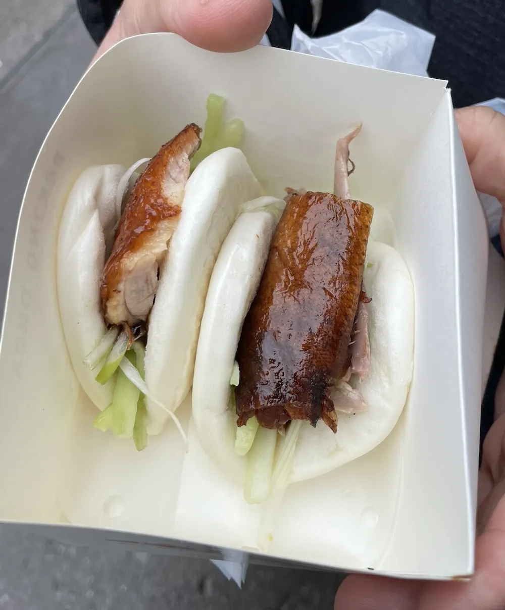 A person is holding a small container with two Asian-style steamed buns filled with succulent pieces of roasted meat and crisp cucumber