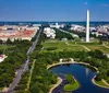 An aerial view of the National Mall in Washington DC showcasing the Washington Monument Reflecting Pool and the Capitol in the distance