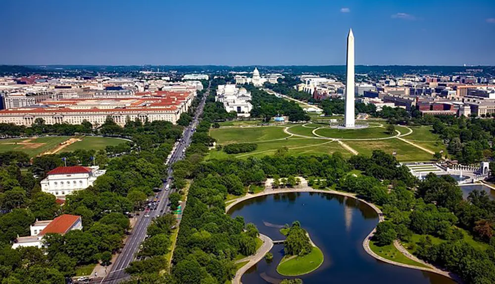 An aerial view of the National Mall in Washington DC showcasing the Washington Monument Reflecting Pool and the Capitol in the distance