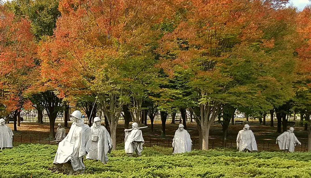 A group of people in white coverings walk among autumn-colored trees in a park-like setting