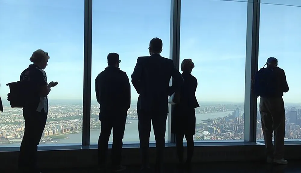 Silhouetted figures stand before a large window looking out over a vast cityscape from a high vantage point