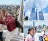 A family is taking a selfie with a smartphone against the backdrop of a panoramic city view from a high vantage point