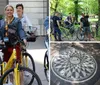 A group of smiling people are positioned on bicycles on an urban street wearing casual attire and conference lanyards