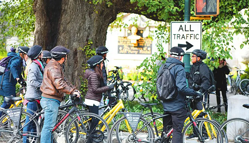 A group of cyclists most wearing helmets are stopped at an intersection with a All Traffic road sign pointing right with one cyclist looking back towards the camera