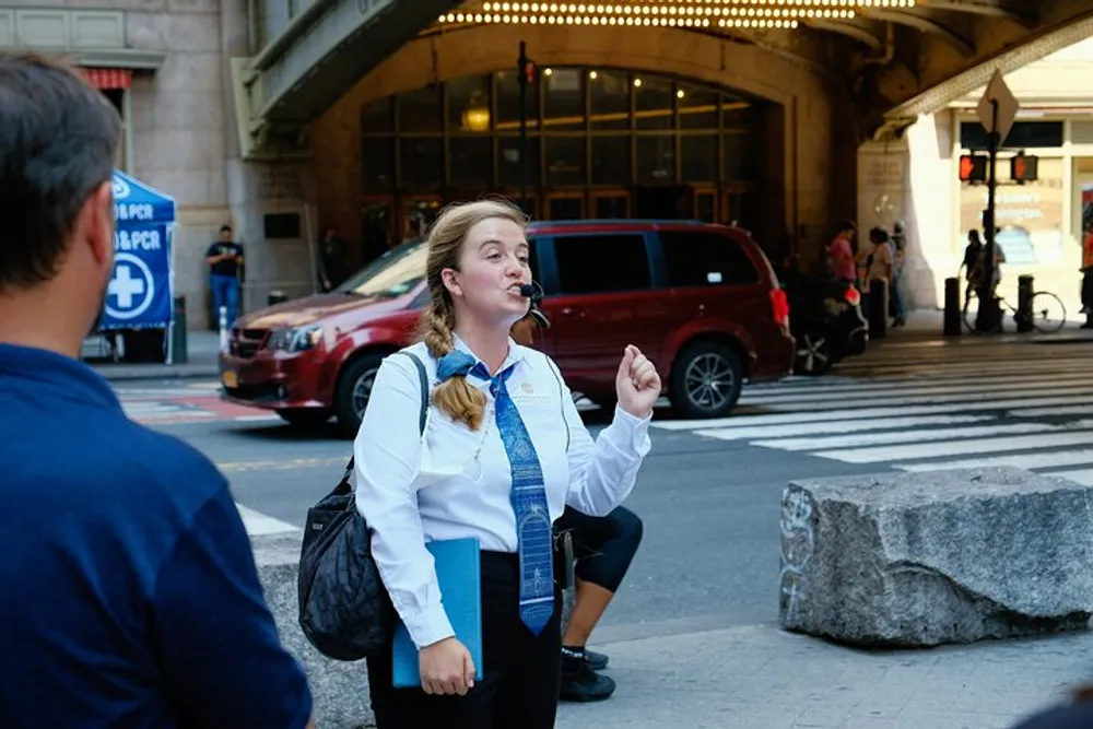 A woman in a uniform with a whistle is standing on a street possibly directing or guiding while people and vehicles move around in the background