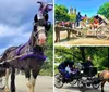 A couple enjoys a carriage ride led by a horse adorned in purple accessories with a backdrop of iconic towers