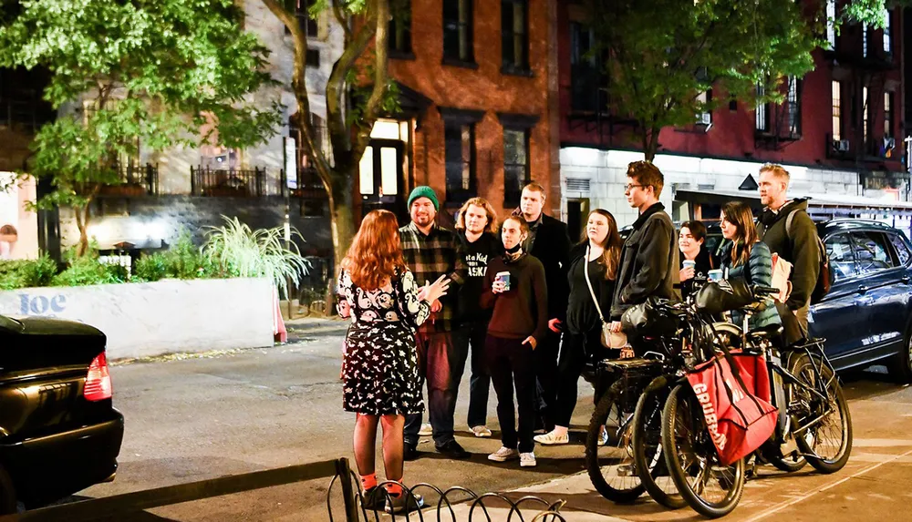 A group of people is engaging in conversation on a city street at night possibly participating in a guided tour or a group activity
