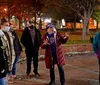 A group of people some wearing masks are engaged in a conversation or tour outdoors in an urban park at night
