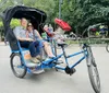 A group of people are enjoying a ride in pedal-powered rickshaws with one person standing and reading a map