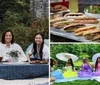 A family of four is smiling and enjoying an outdoor meal together