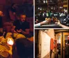 Three people are toasting with whiskey glasses at a bar