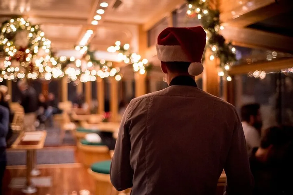 A person wearing a Santa hat is standing with his back to the camera in a warmly lit room decorated for the holidays