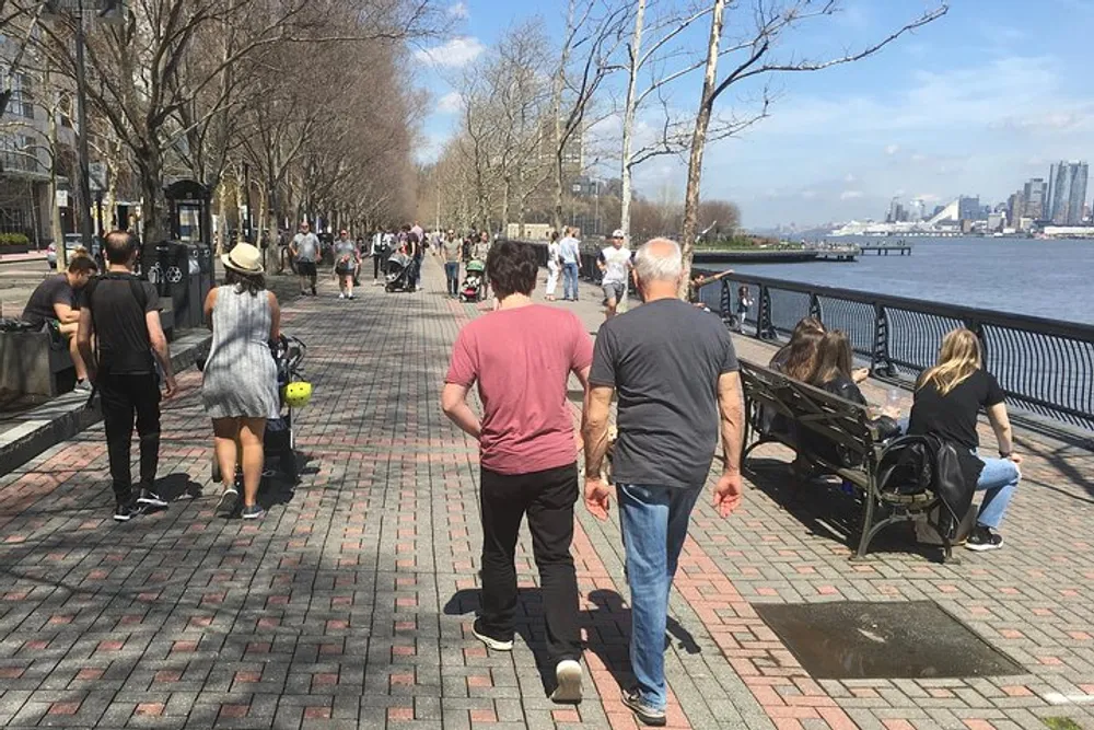 People are enjoying a sunny day on a tree-lined riverside walkway with a view of a cityscape in the distance