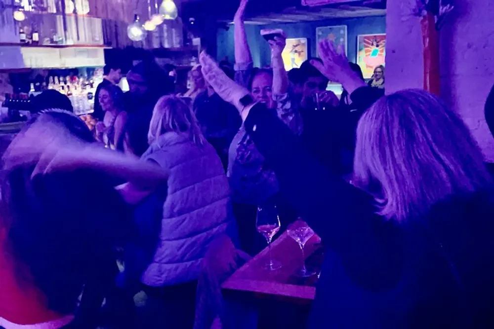 A lively group of people appear to be dancing and celebrating in a bar with raised hands and a festive atmosphere