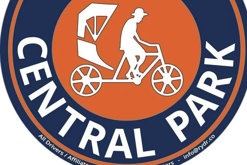 The image is a logo or emblem that features a silhouette of a person on a pedicab with the words CENTRAL PARK prominently displayed around the circumference