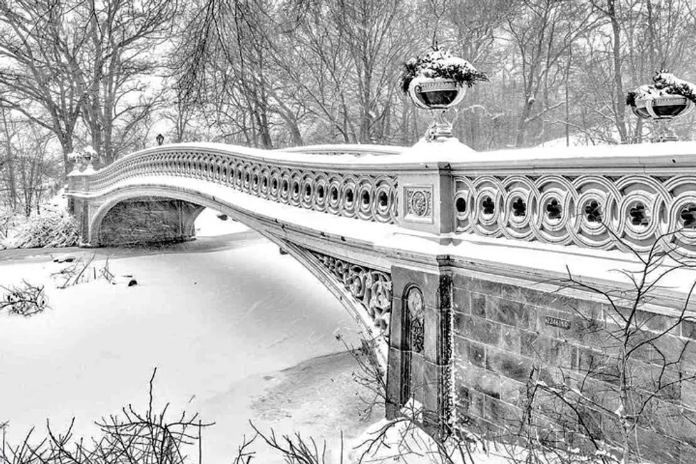 An ornate stone bridge blanketed in snow and surrounded by winter trees creates a serene and picturesque scene in a monochromatic landscape