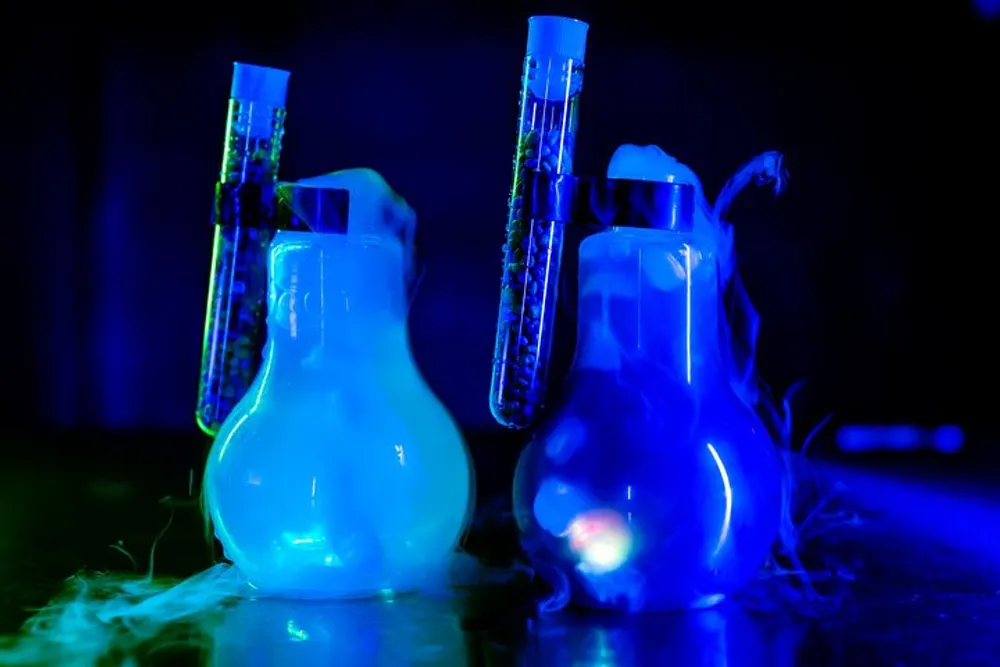 Two glowing blue flasks and test tubes emit vapors creating a vivid and eerie science experiment scene