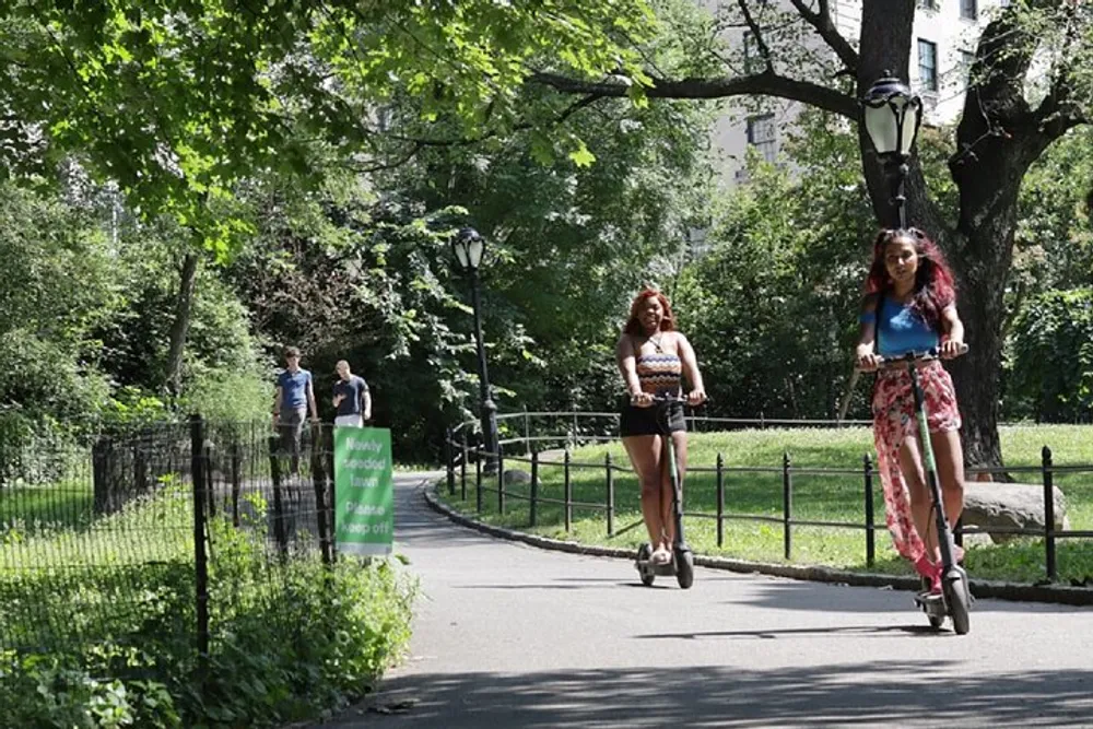 Two individuals are enjoying a sunny day by riding electric scooters through a lush green park while other people are seen walking along the pathway