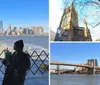 Two people are conversing on a ferry with the New York City skyline in the background