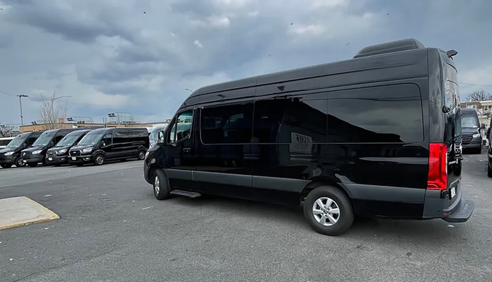 A black van is prominently displayed in the foreground with a lineup of similar vehicles in the background in a parking lot under an overcast sky