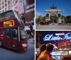 A red double-decker tour bus emblazoned with BIG BUS NEW YORK is driving through a bustling city street lined with people and illuminated signage
