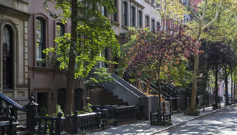 The image depicts a sunny day on a tree-lined street with a row of historic brownstone townhouses showcasing their iconic stoops and ornate architectural details