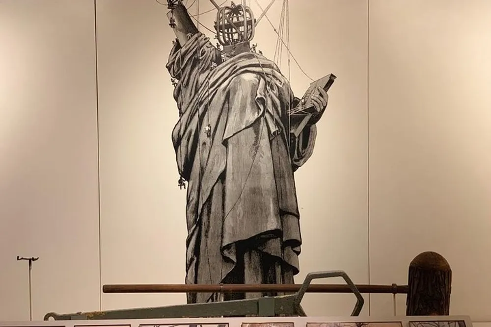 The image shows an artwork of a large towering statue resembling the Statue of Liberty with its scaffolding visible displayed behind a gallery bench