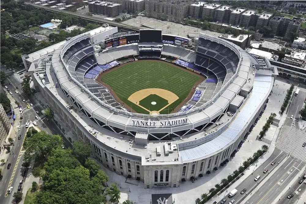 This image shows an aerial view of the Yankee Stadium home of the New York Yankees baseball team on a day without a game
