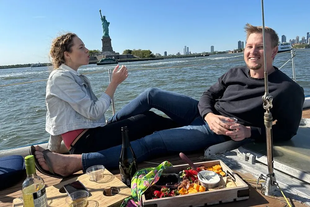 Two people are enjoying a picnic on a boat with the Statue of Liberty in the background