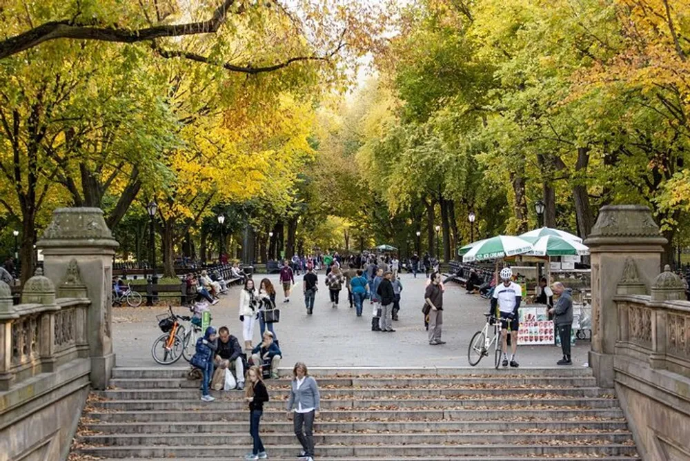 People enjoy a leisurely day in an autumnal park lined with tall trees exhibiting fall colors with some walking down the steps others strolling along the path and vendors stationed at the entrance
