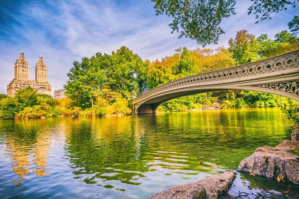 This is an image of an ornate bridge over a tranquil pond surrounded by foliage with tall buildings in the background under a blue sky