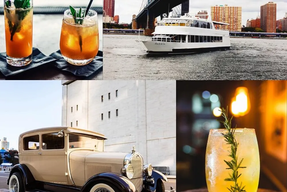 The image is a collage of four different photos featuring two glasses of iced tea a white yacht on the water a vintage car and a close-up of a cocktail with a sprig of herbs