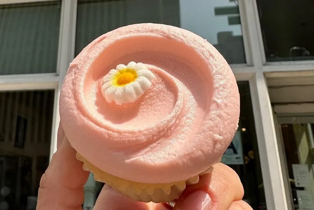 A person is holding a cupcake with pink frosting and a small white flower decoration on top