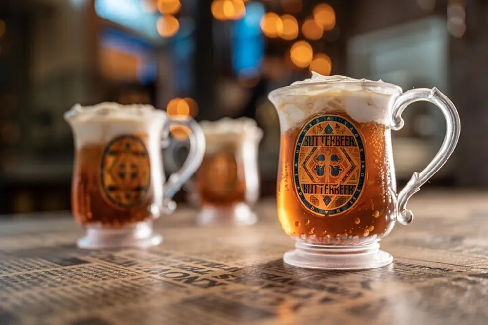 Three glasses of beer with frothy heads are lined up on a bar table with a bokeh of lights in the background