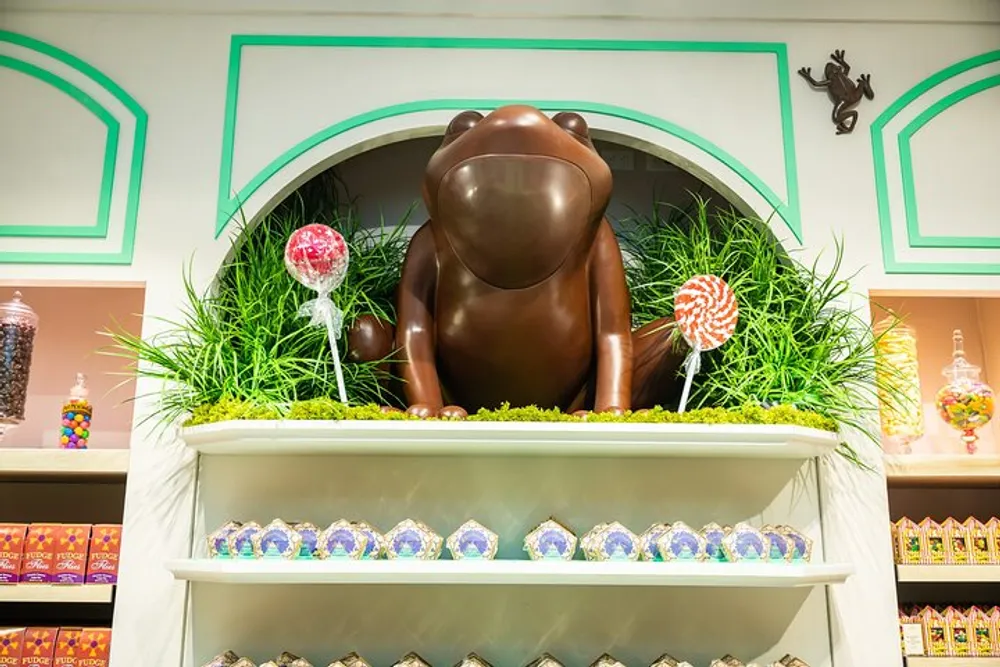 A large chocolate frog sculpture is displayed above a candy store shelf adorned with various sweets and colorful candy packaging