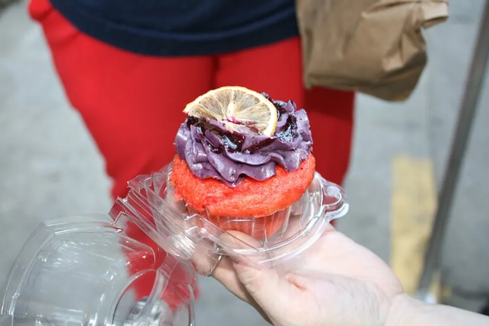 A person is holding a vibrant dessert with a purple topping and a slice of dried lemon presented in a clear plastic container