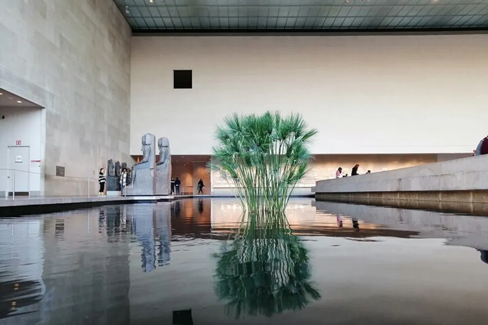 The image shows an indoor reflecting pool inside a spacious modern gallery with people walking nearby and sculptures flanking a lush green plant installation