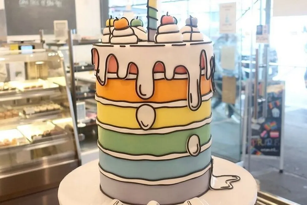 This image shows a multi-tiered colorful cake decorated with dripping icing details and topped with what appears to be edible decorations resembling fruits