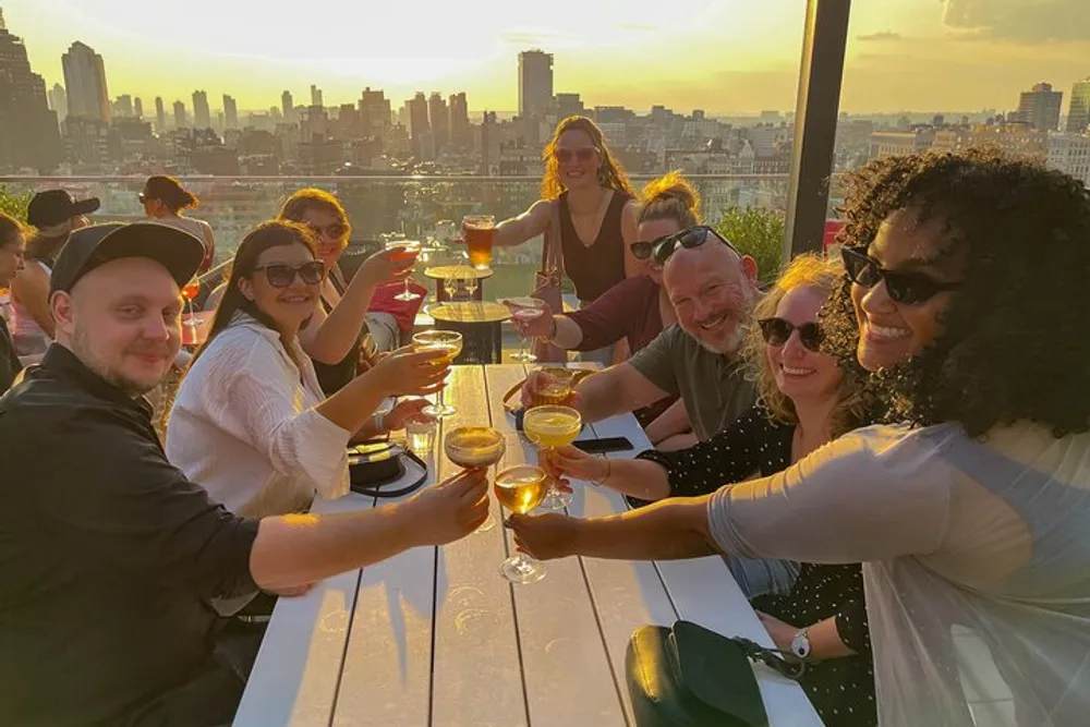 A group of people are enjoying drinks and toasting at an outdoor table with a view of a city skyline bathed in the warm glow of sunset