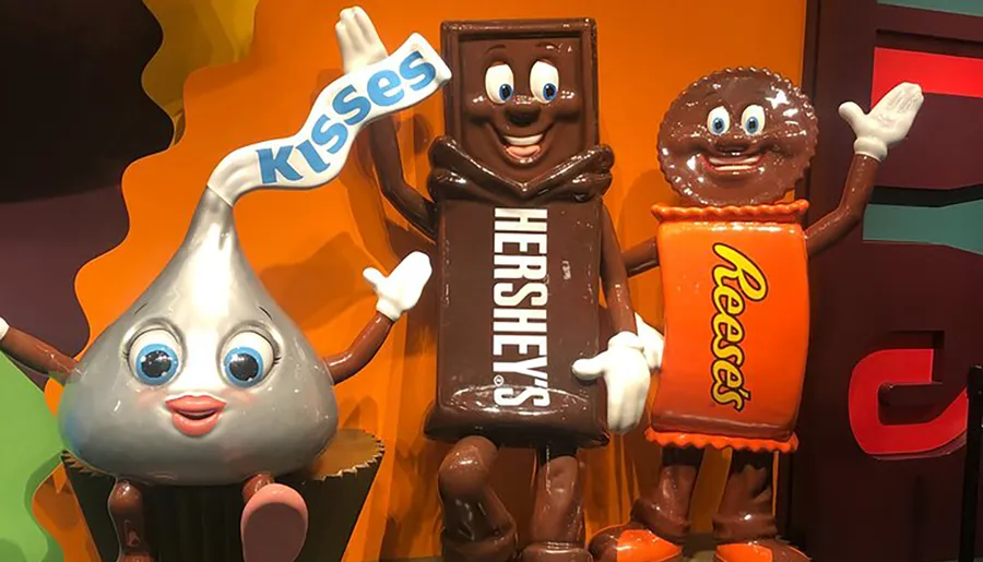 The image shows three anthropomorphic chocolate characters representing Hershey's, Reese's, and Hershey's Kisses, smiling and posing together.