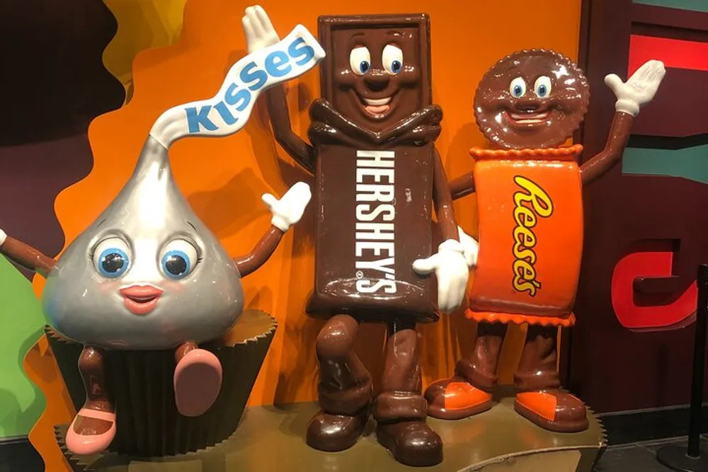 The image shows three anthropomorphic candy characters representing Hersheys chocolate products with a Kisses character on the left a Hersheys bar in the center and a Reeses package on the right all with smiling faces and positioned as if greeting viewers