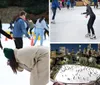 A group of people are enjoying ice skating with a smiling woman in the center balancing herself while another person appears to be bending down or falling in the foreground