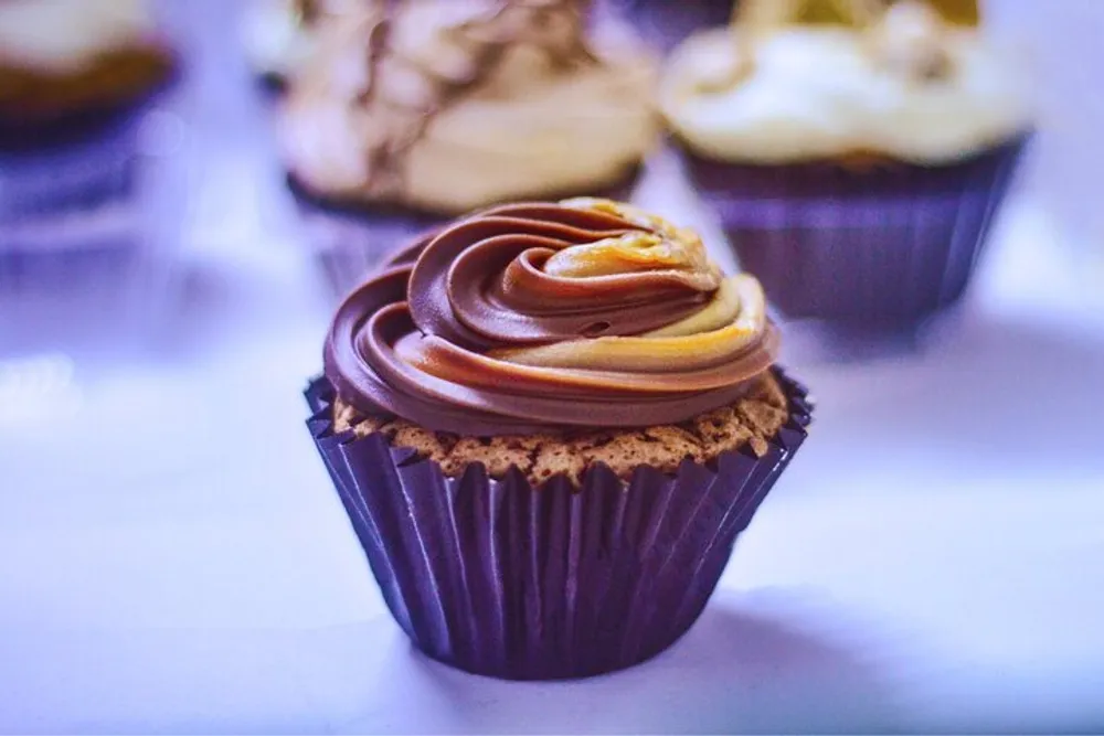 The image shows a chocolate cupcake with a swirl of chocolate and caramel frosting on top