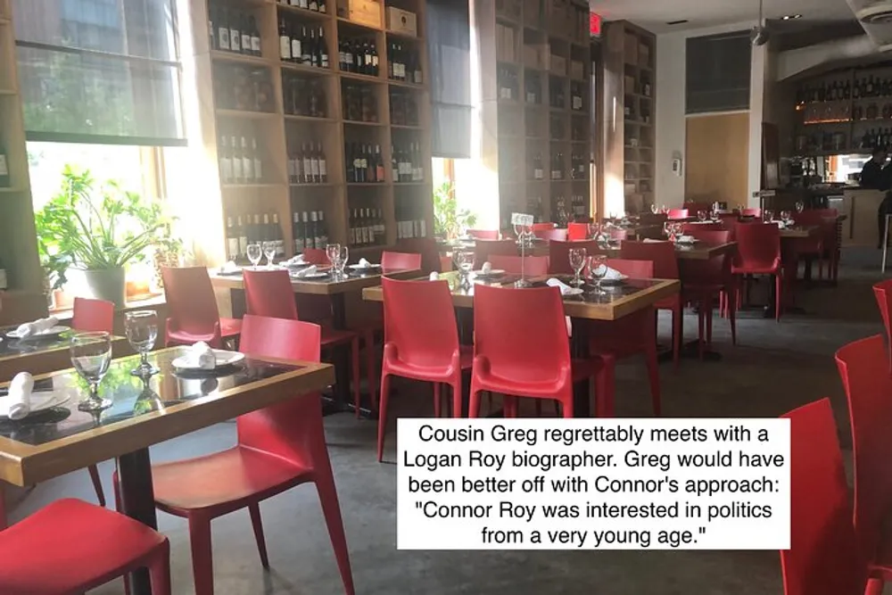 The image shows an empty restaurant with red chairs and set tables overlaid with text referencing a fictional meeting between a character named Cousin Greg and a biographer of another character Logan Roy